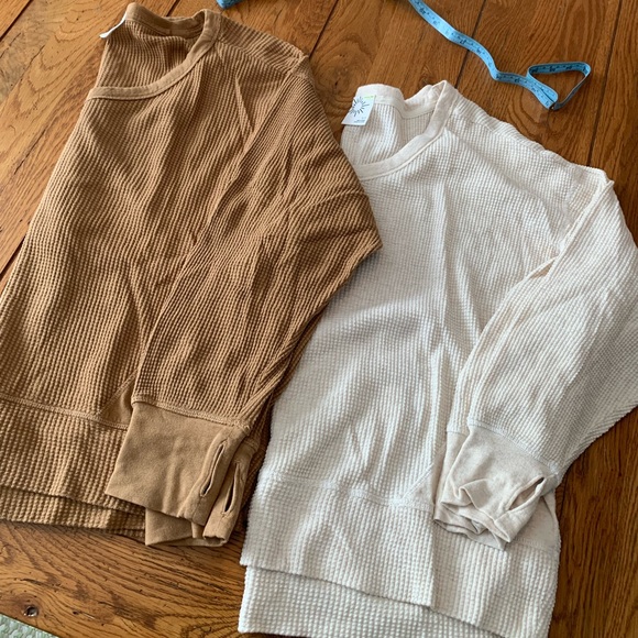 Aerie Long Sleeve Waffle Knit Tops - Cream and Brown - Picture 4 of 5
